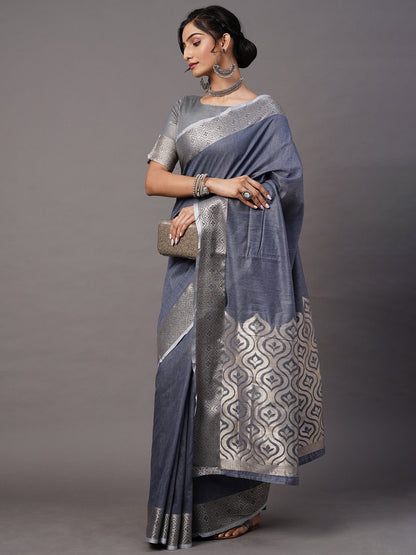 Women's Linen Blend Blue Woven Design Celebrity Saree With Blouse Piece