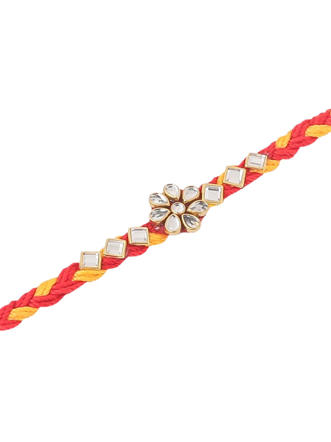 Dhiyona Set Of 3 Kundan Studded Floral Thread Rakhis With Roli Chawal Chandan & Mishri