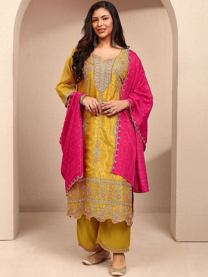 Dhiyona Women's Ethnic Motifs Embroidered Regular Kurta with Palazzos & With Dupatta