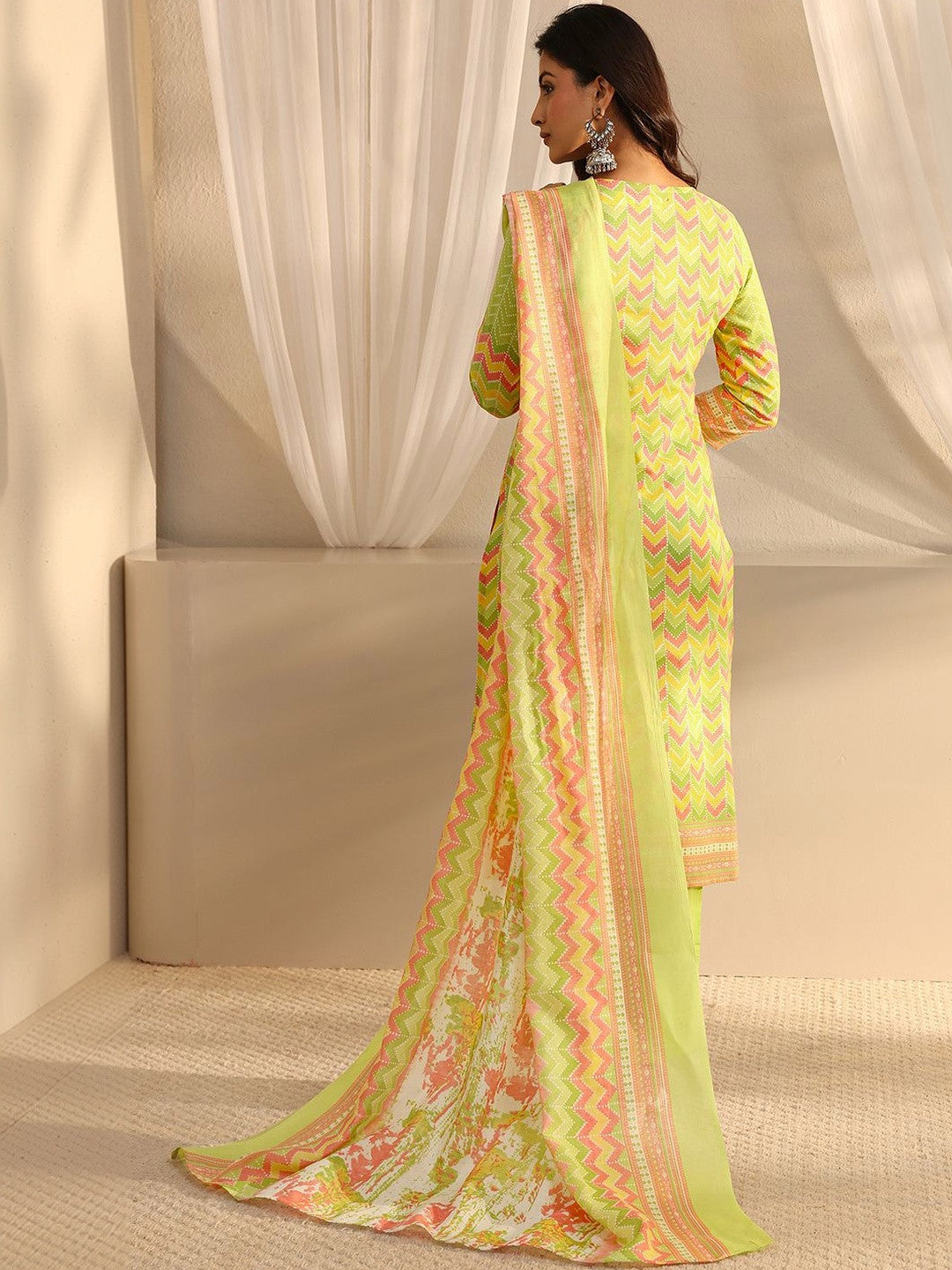 Libas Green Chevron Printed Straight Suit Set with Dupatta