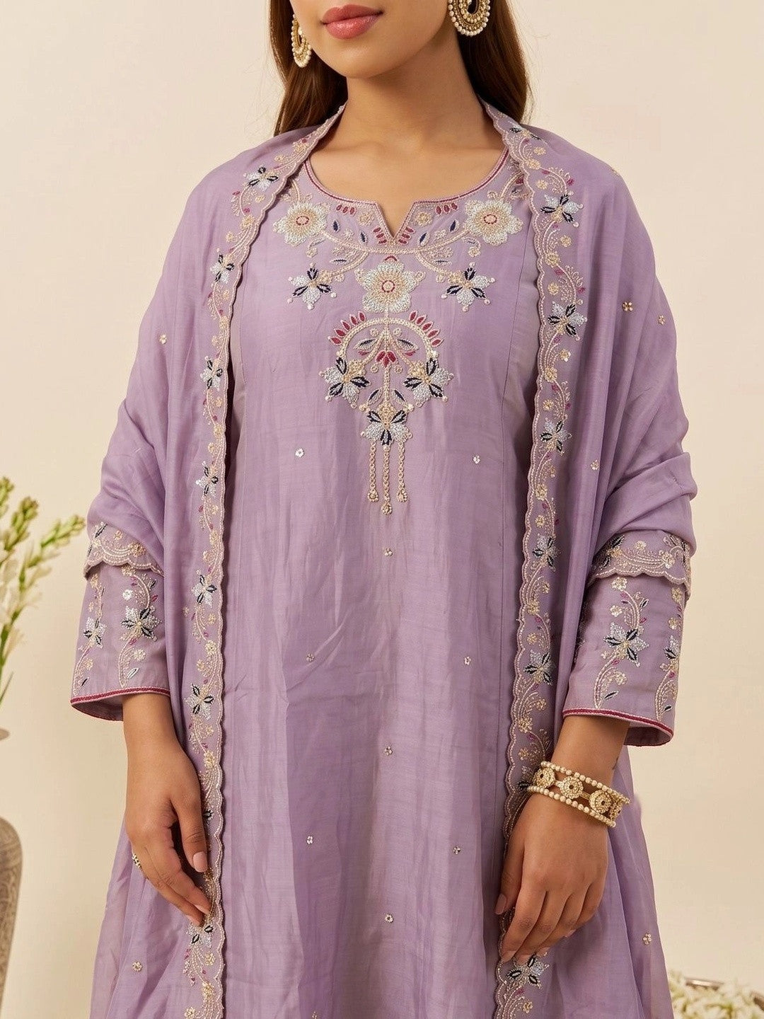 Women Ethnic Motifs Embroidered Regular Thread Work Kurta with Palazzos & With Dupatta