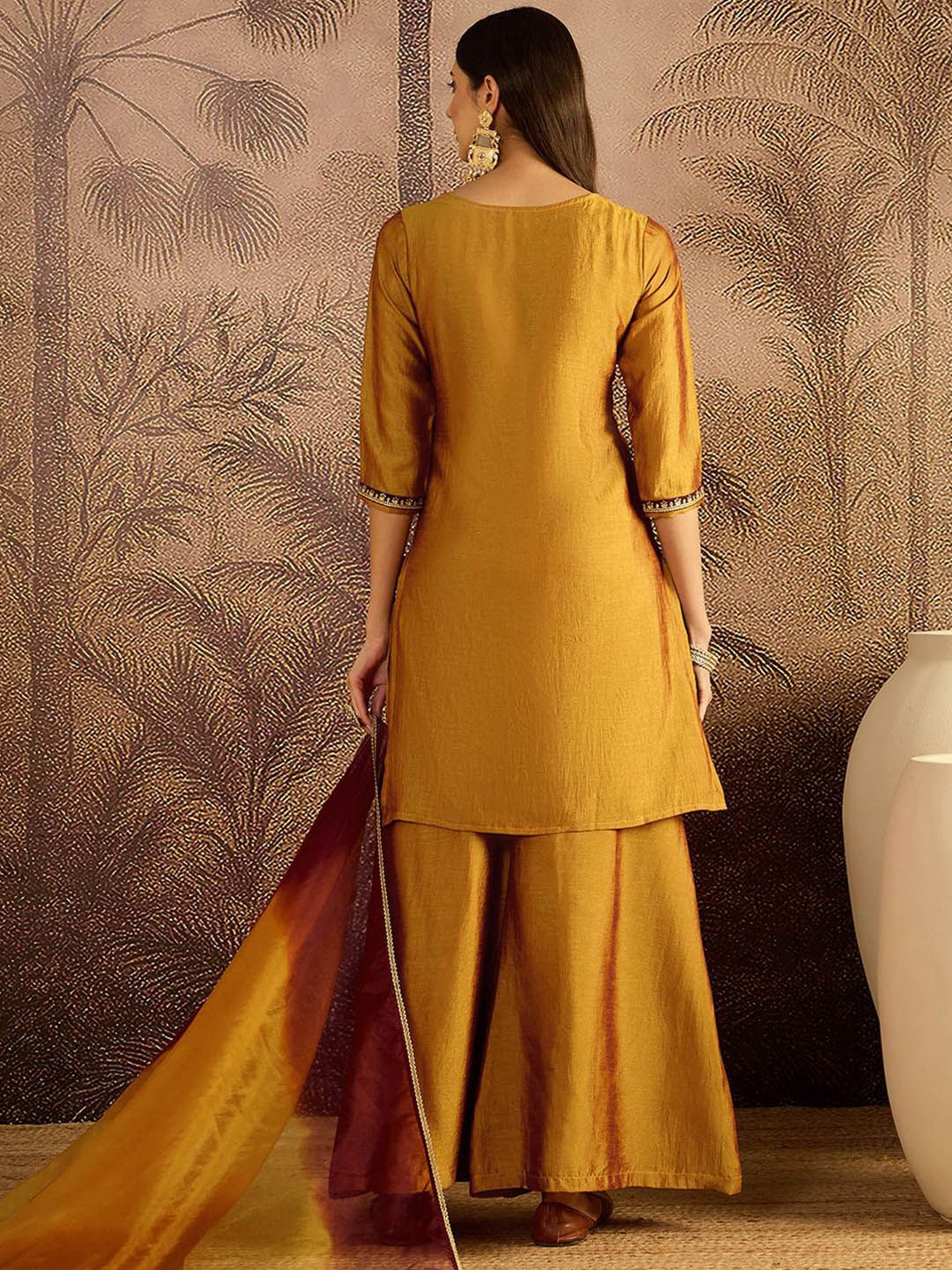 Dhiyona SN Embroidered Zari Sequence Thread Work Straight Kurta With Palazzos & Dupatta