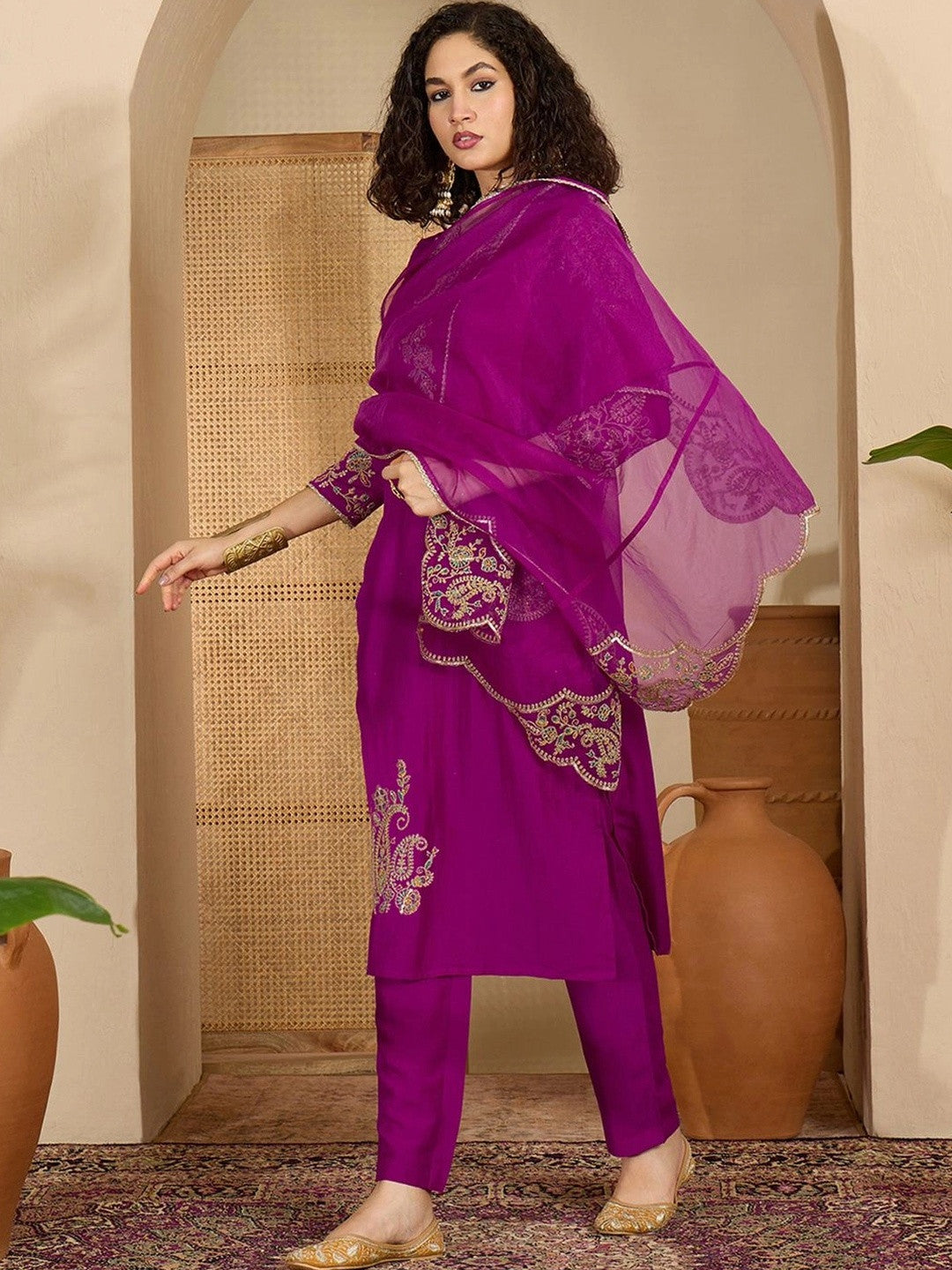 Women Ethnic Motifs Embroidered Regular Thread Work Kurta with Trousers & With Dupatta