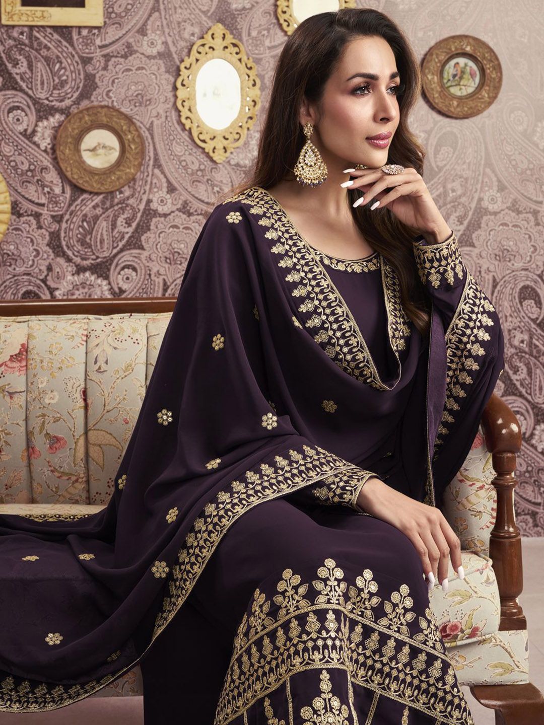 Dhiyona IN Ethnic Motifs Embroidered Georgette Straight Kurta With Palazzos & Dupatta