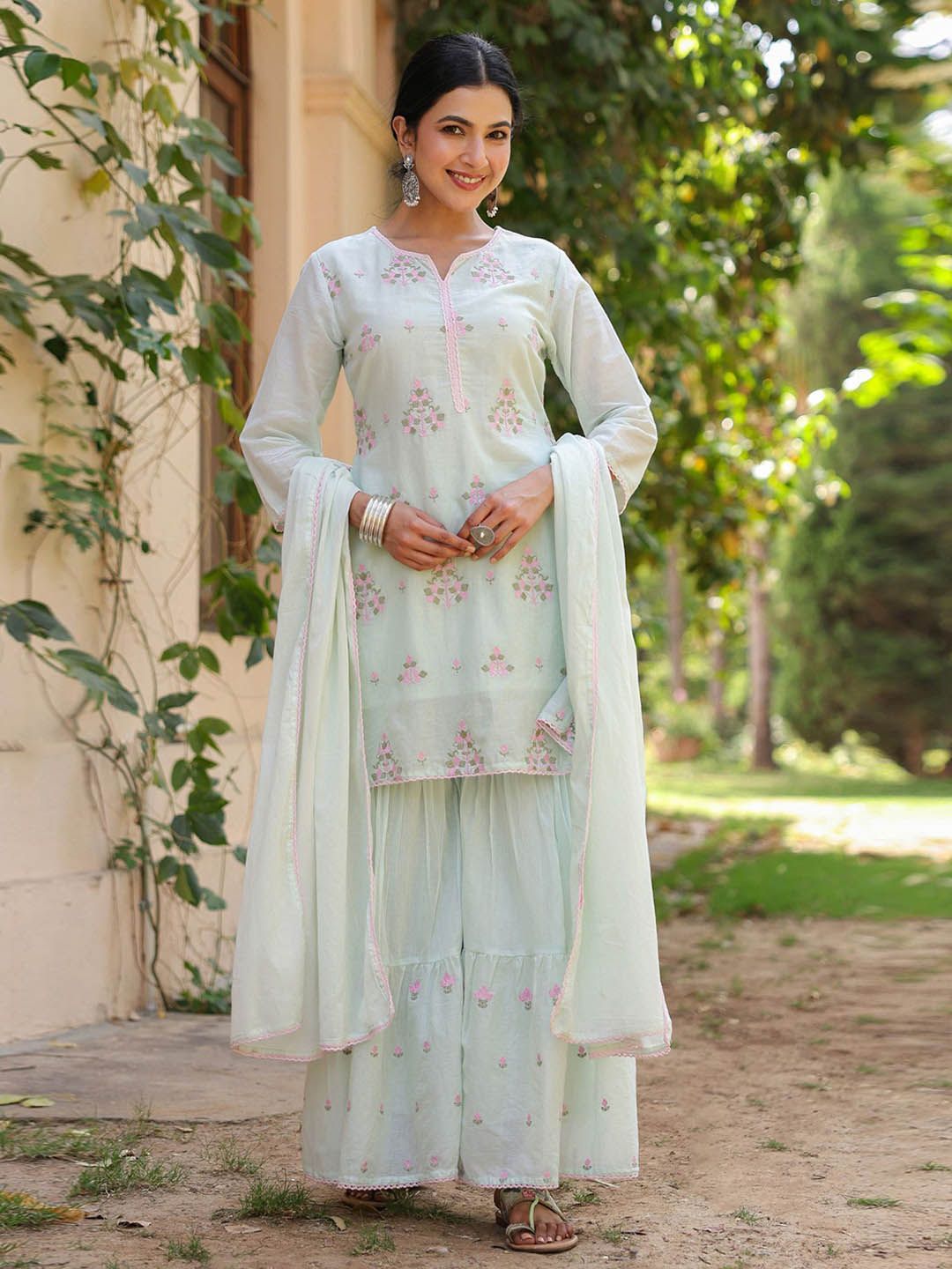 Dhiyona SC Women Solid Embroidered Cotton Kurti with Sharara & Dupatta