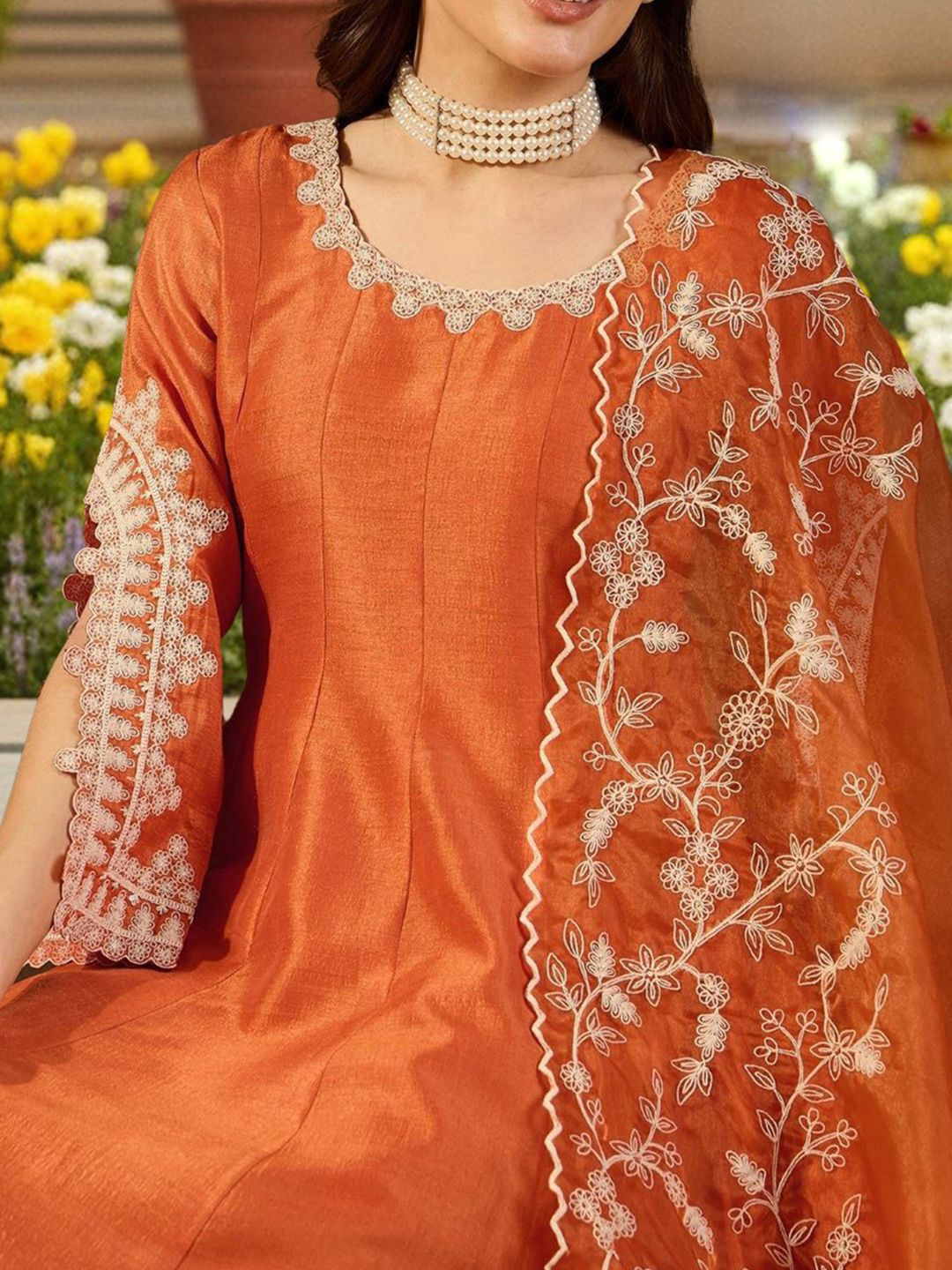 Dhiyona KL Embroidered Empire Thread Work Anarkali Kurta with Palazzos & Dupatta