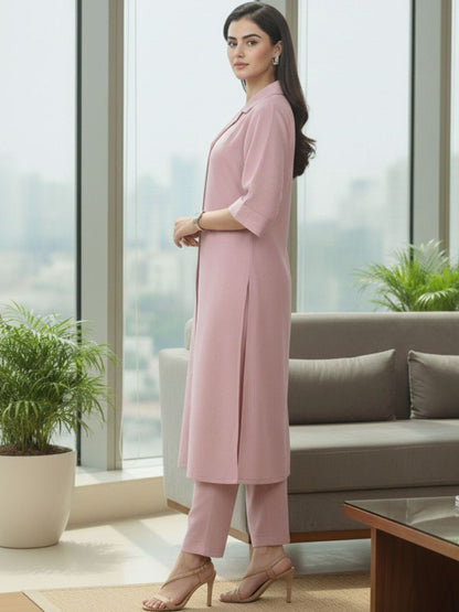 Pink Women Regular Silk Crepe Kurta with Trousers