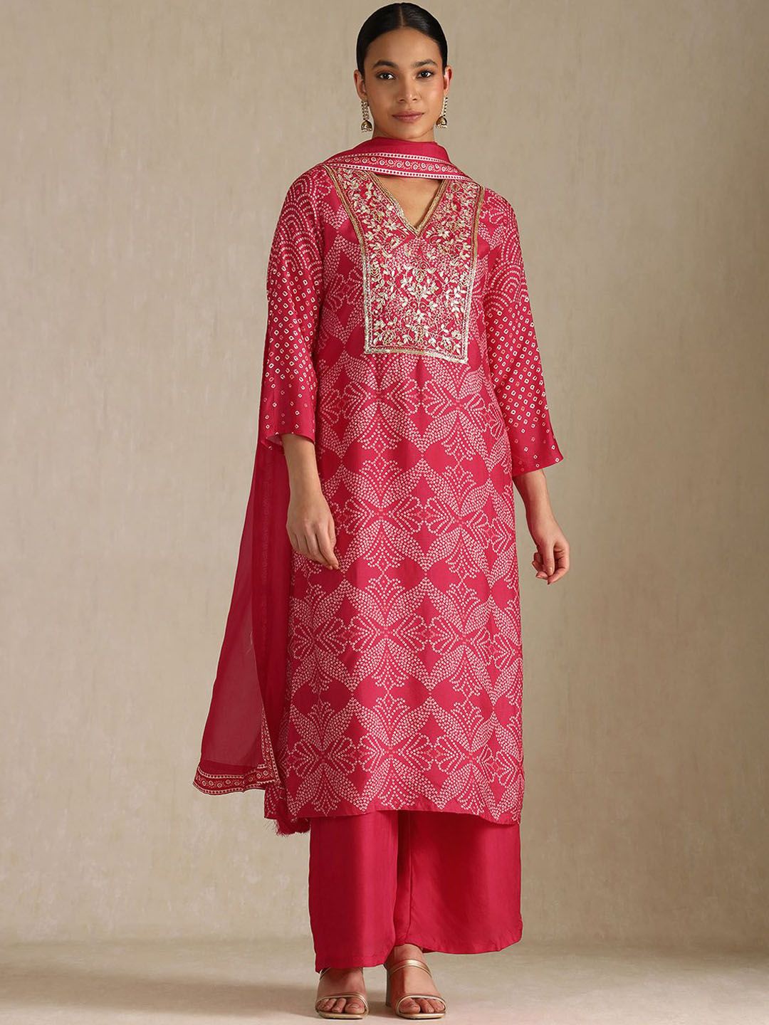 Dhiyona SO Women's Women Bandhani Striped Regular Zardozi Kurta with Palazzos & With Dupatta