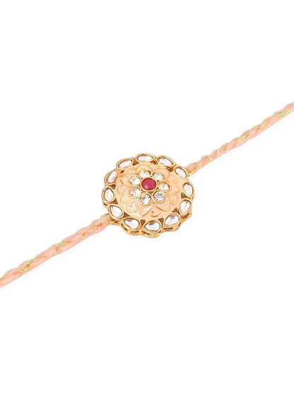 Dhiyona Men Set Of 2 Peach & Green Kundan Studded Round Floral Design Rakhi With Roli Chawal