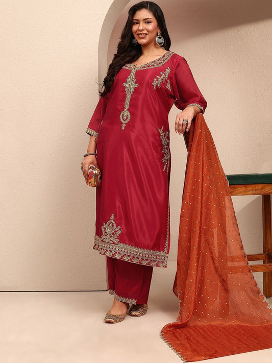 Dhiyona Women's Ethnic Motifs Embroidered Regular Thread Work Kurta with Trousers & With Dupatta