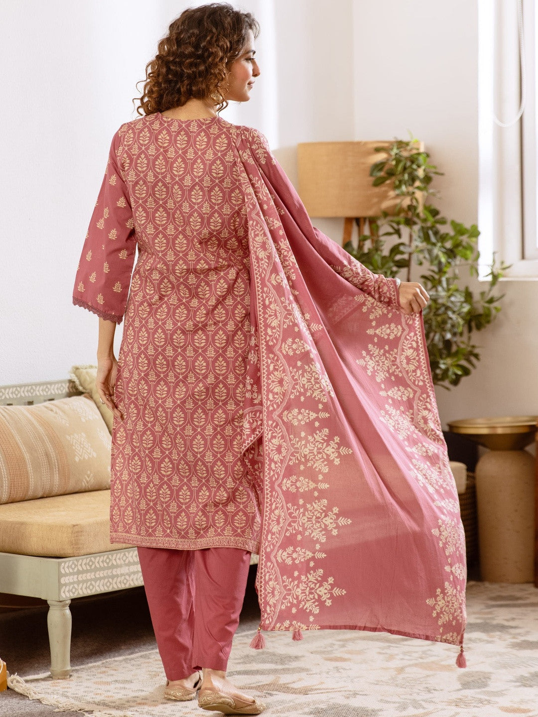 Printed Cotton Sweetheart Neck Kurta & Trousers With Dupatta