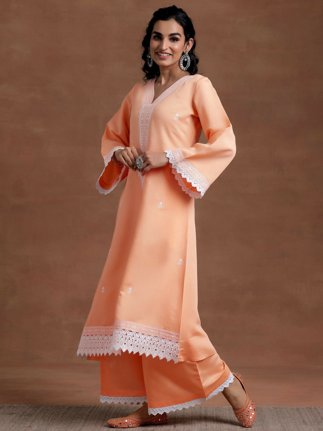 Women's LB Peach Embroidered Silk Blend A-Line Kurta With Palazzos & Dupatta