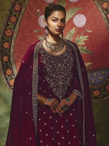 Dhiyona LL Floral Embroidered Scoop Neck Georgette Straight Kurta With Palazzos And Dupatta