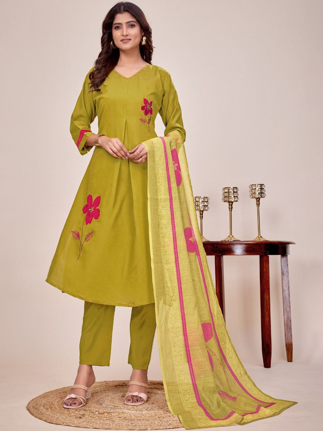 Embroidered V-Neck Kurta & Trousers With Dupatta