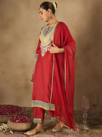 Women's Red Embroidered Straight Kurta Trousers With Dupatta Set