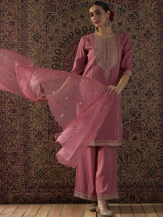 Dhiyona IE Ethnic Motifs Embroidered Notch Neck Zari Kurta With Palazzos & Dupatta