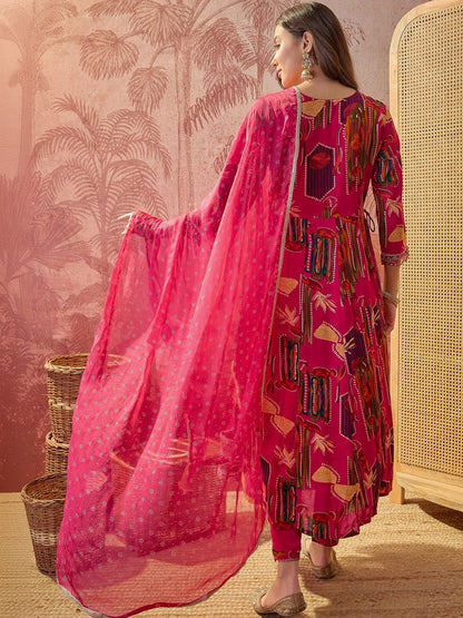 Women Festive Embroidered Anarkali Kurta Set With Tasseled Dupatta