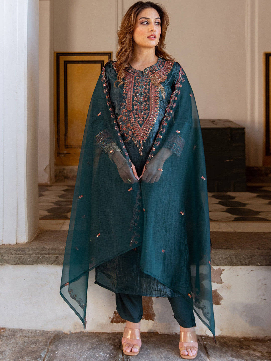 Dhiyona SN Floral Embroidered Notch Neck Sequinned Straight Kurta With Trousers & Dupatta