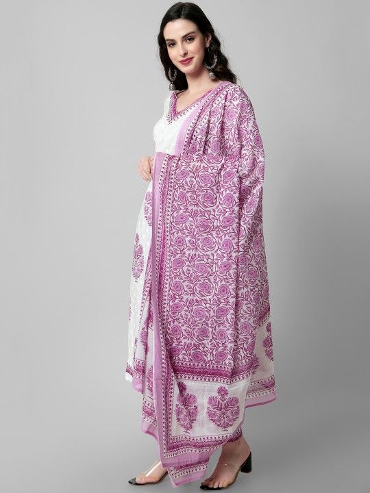 Dhiyona KL Women Floral Printed Regular Pure Cotton Kurta with Salwar & With Dupatta