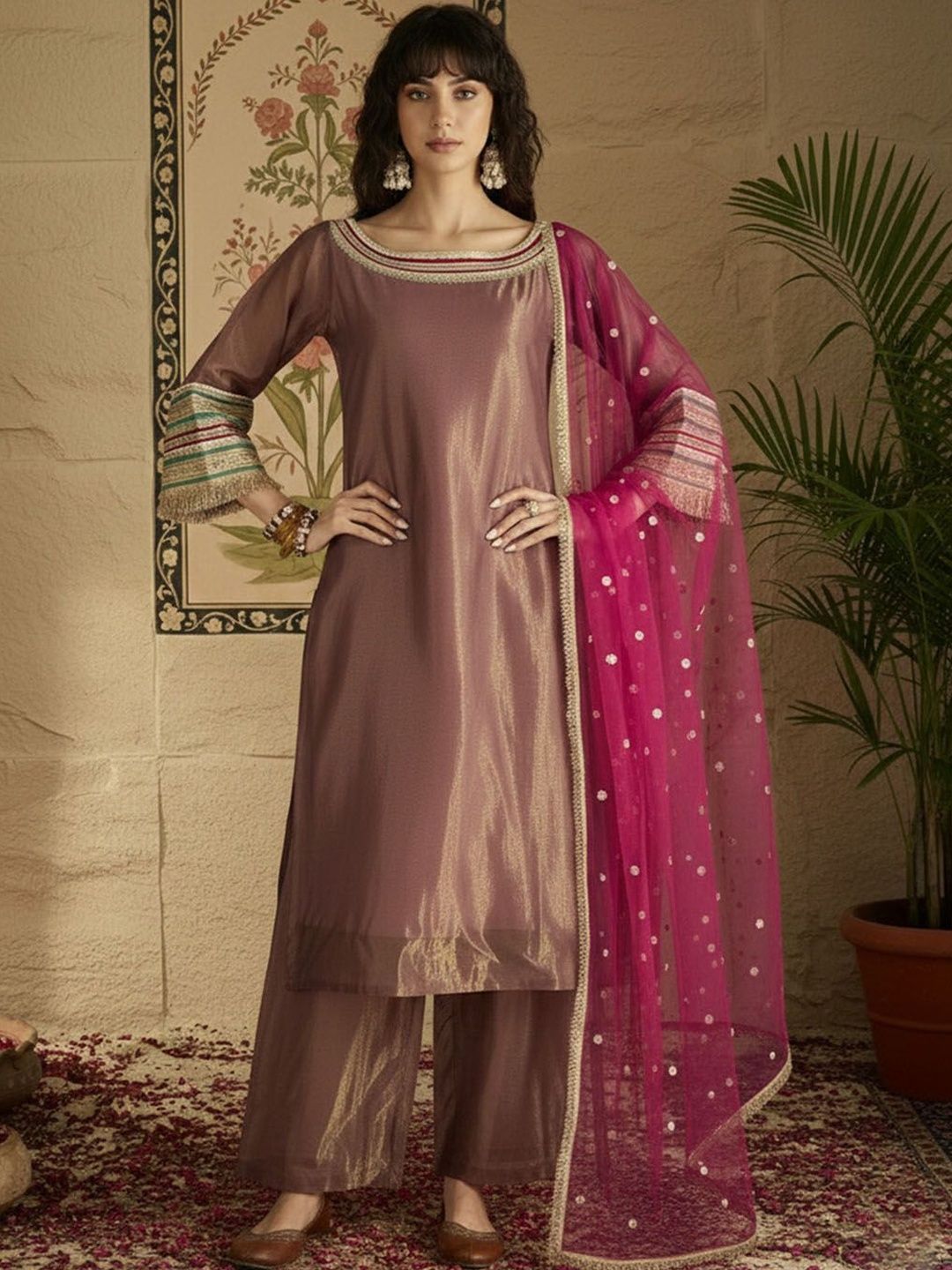 Dhiyona SN Boat Neck Kurta & Palazzos Kurta Set