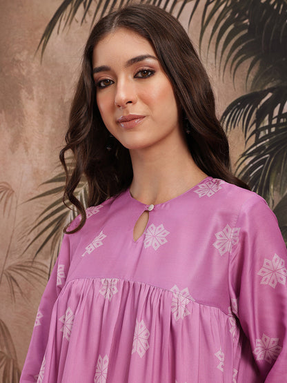 Ethnic Motif Printed Tiered Pleated Anarkali Kurta with Trouser