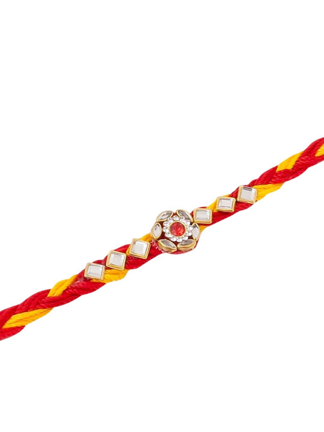 Dhiyona Men Set Of 6 Red & Yellow Kundan Studded Floral Design Thread Rakhi With Roli Chawal