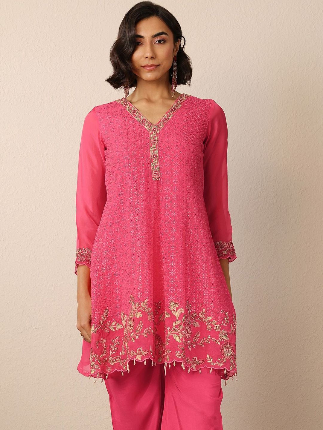 Dhiyona LL Ethnic Motifs Embroidered Thread Work Kurta With Palazzos & Dupatta
