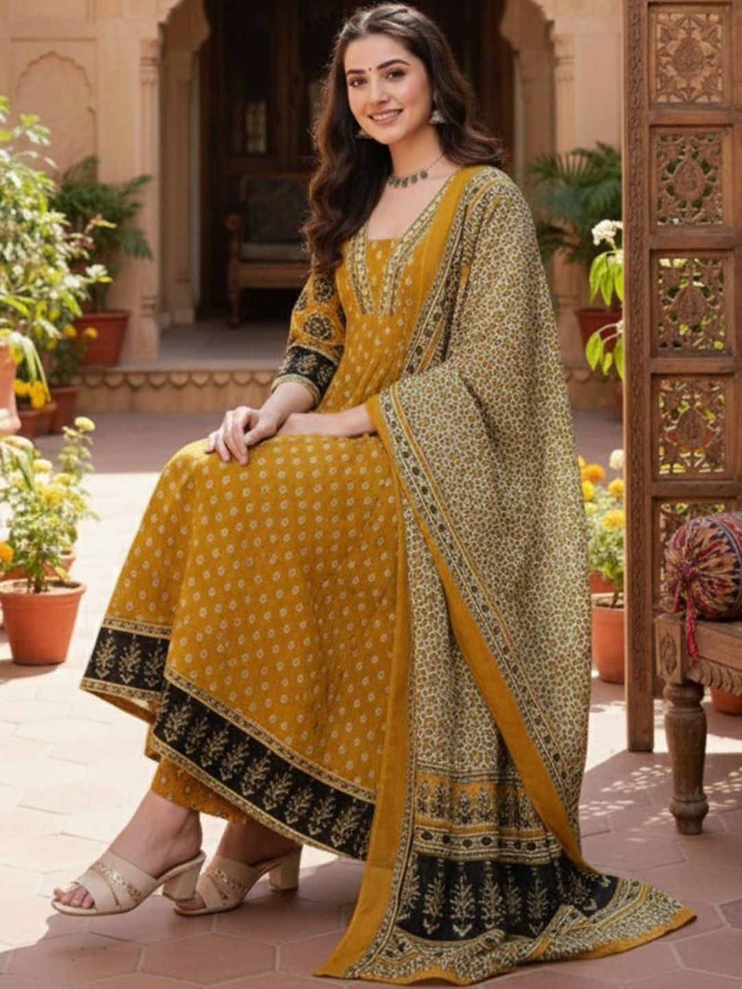 Dhiyona KL Women Ethnic Motifs Printed Regular Kurta with Trousers & With Dupatta