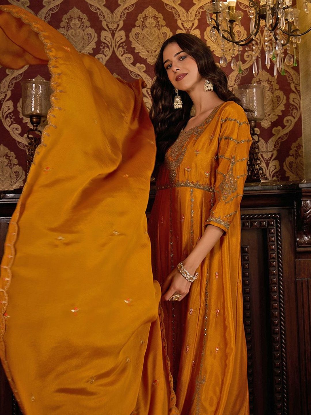 Dhiyona CH Ethnic Motifs Embroidered Round Neck Anarkali Kurta With Trousers & Dupatta