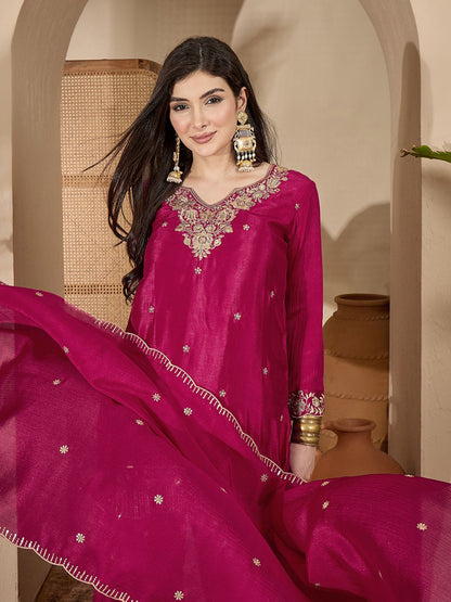 Dhiyona SN Zari Sequence Thread Embroidered Straight Kurta With Palazzos & Dupatta