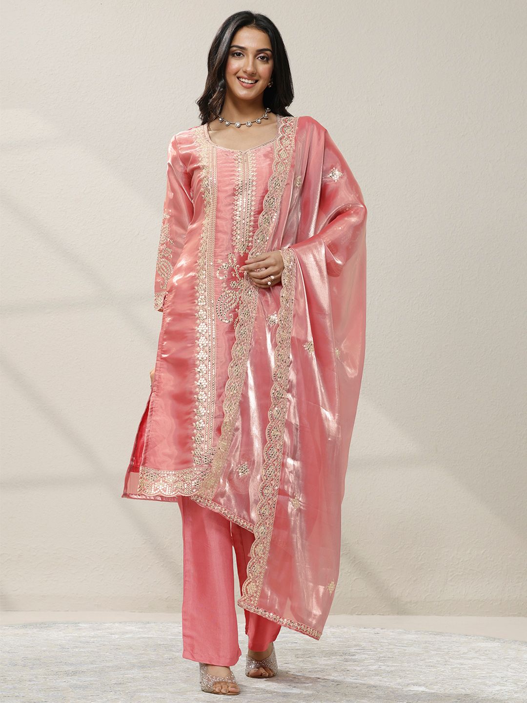 Dhiyona LL Women Ethnic Motifs Embroidered Regular Sequinned Kurta with Palazzos & With Dupatta
