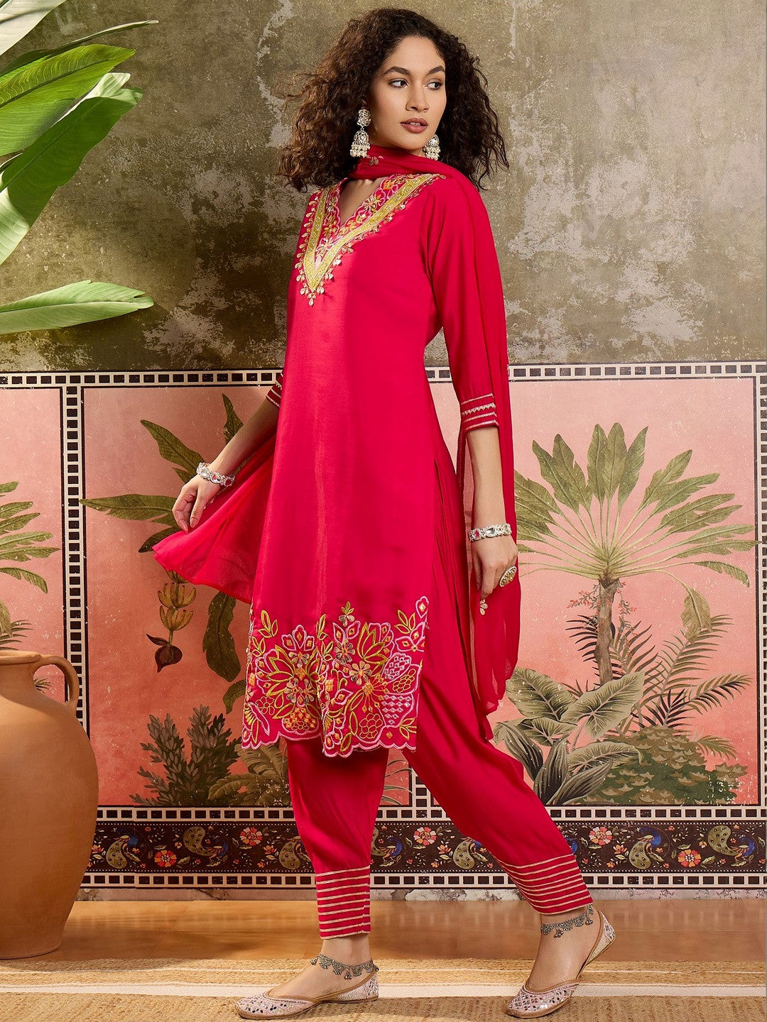 Embroidered Silk Blend V-Neck Kurta & Trousers Kurta Set
