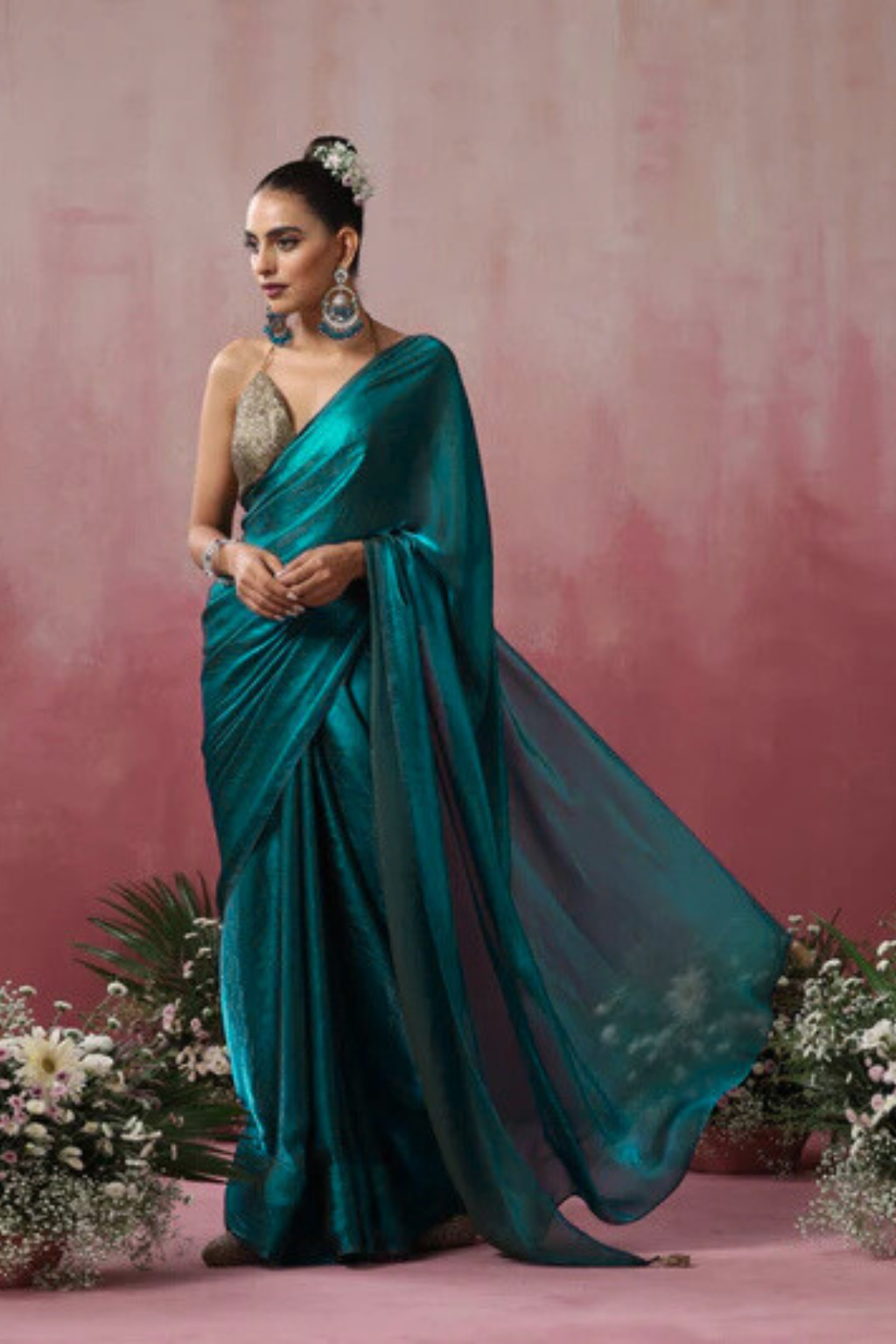 Dhiyona ST Green Metallic Satin Saree with Pendants and Blouse Fabric