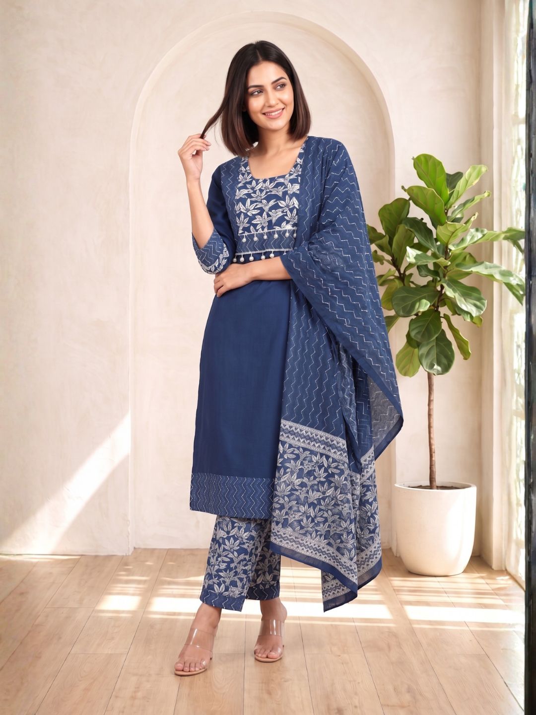 ARANYA INDIGO IKAT PRINT PURE COTTON SUIT SET