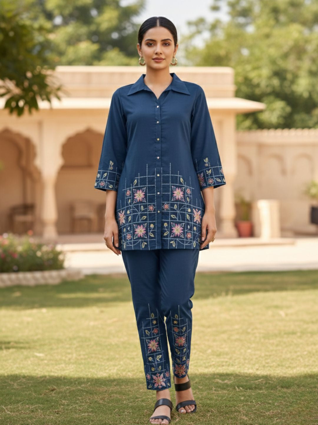 Eden navy embroidered co-ord set