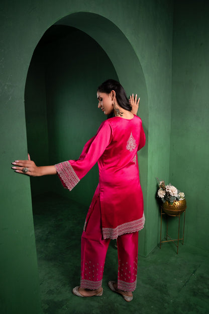 Ehsaas Silk Chanderi Embroidered Raspberry Suit Set