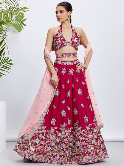 Women Rose Pure Georgette Sequins and thread embroidery  Lehenga choli & Dupatta