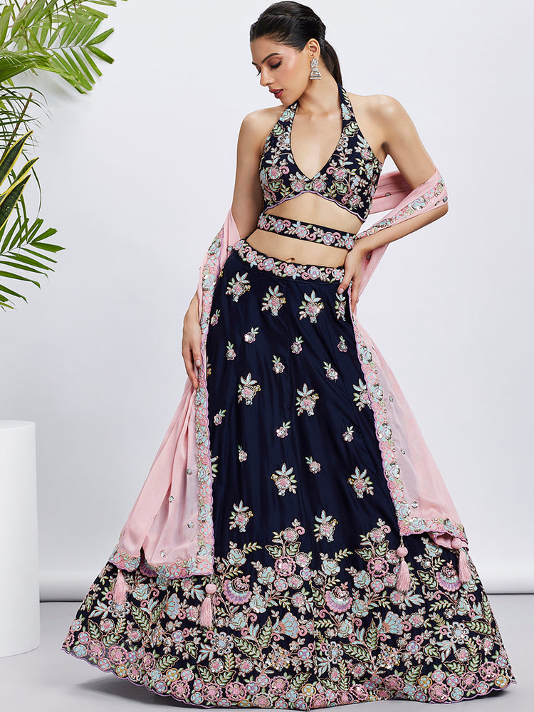 Women Navy blue Pure Georgette Sequins and thread embroidery  Lehenga choli & Dupatta