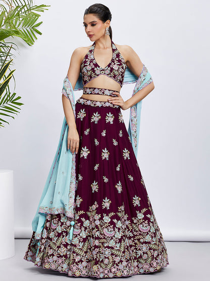 Women Burgundy Pure Georgette Sequins and thread embroidery  Lehenga choli & Dupatta