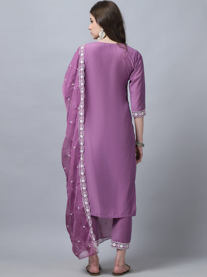 Women's Pink Embroidery  silk  Kurta, Pant And Dupatta Set