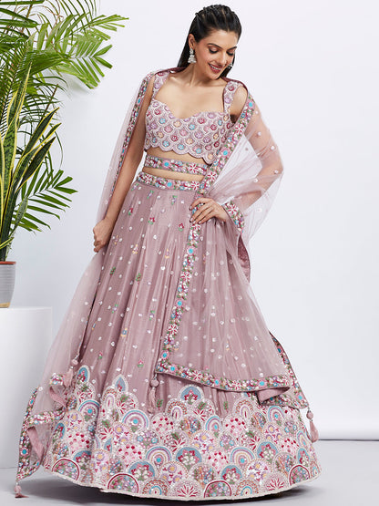 Women Mauve Pure Chiffon Sequins and thread embroidery  Lehenga choli & Dupatta