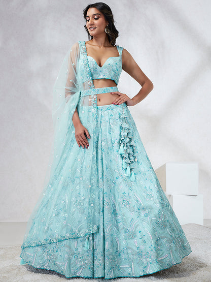 Women Turquoise Blue Georgette Sequins and thread embroidery  Lehenga choli & Dupatta