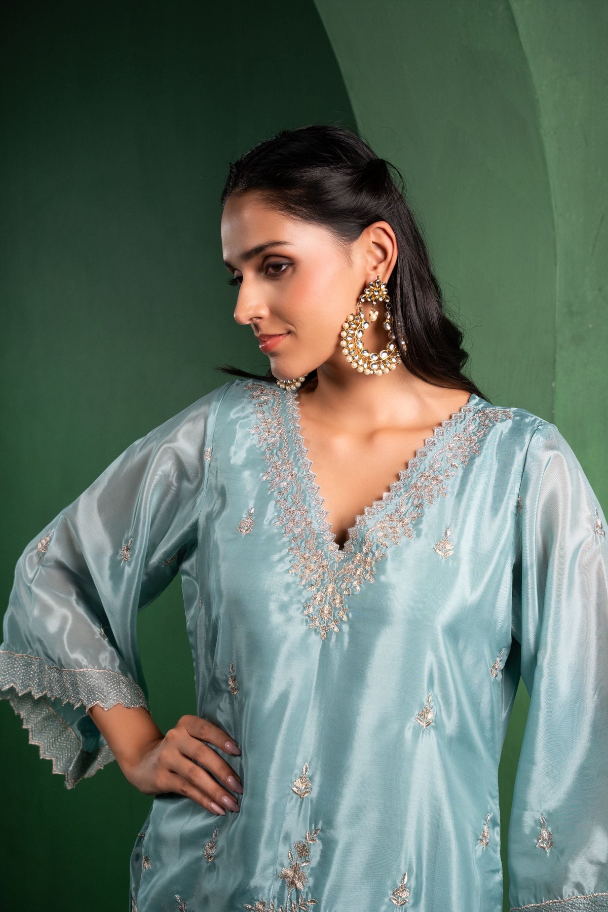 Rang Organza Embroidered Cadet Blue  Kurta with Farsi Salwar