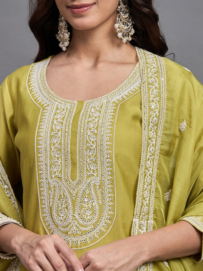 Women Embroidery A-Line Kurta And Pant set with Dupatta