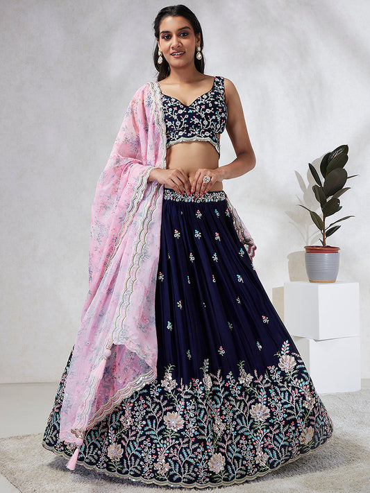 Women Navy Blue Georgette Sequins, Mirror and thread embroidery  Lehenga choli & Dupatta