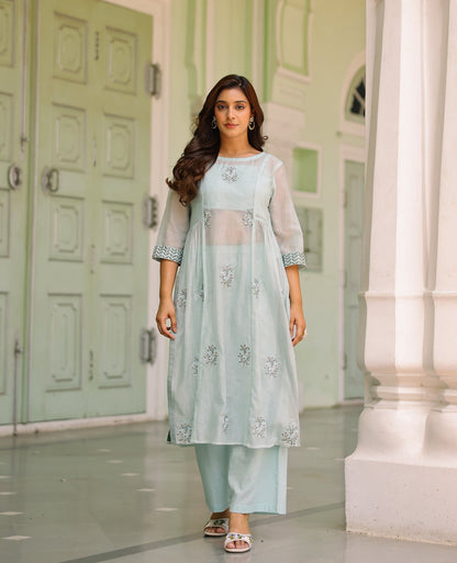 Mehrab Light Blue Mul Chanderi Kurta Set