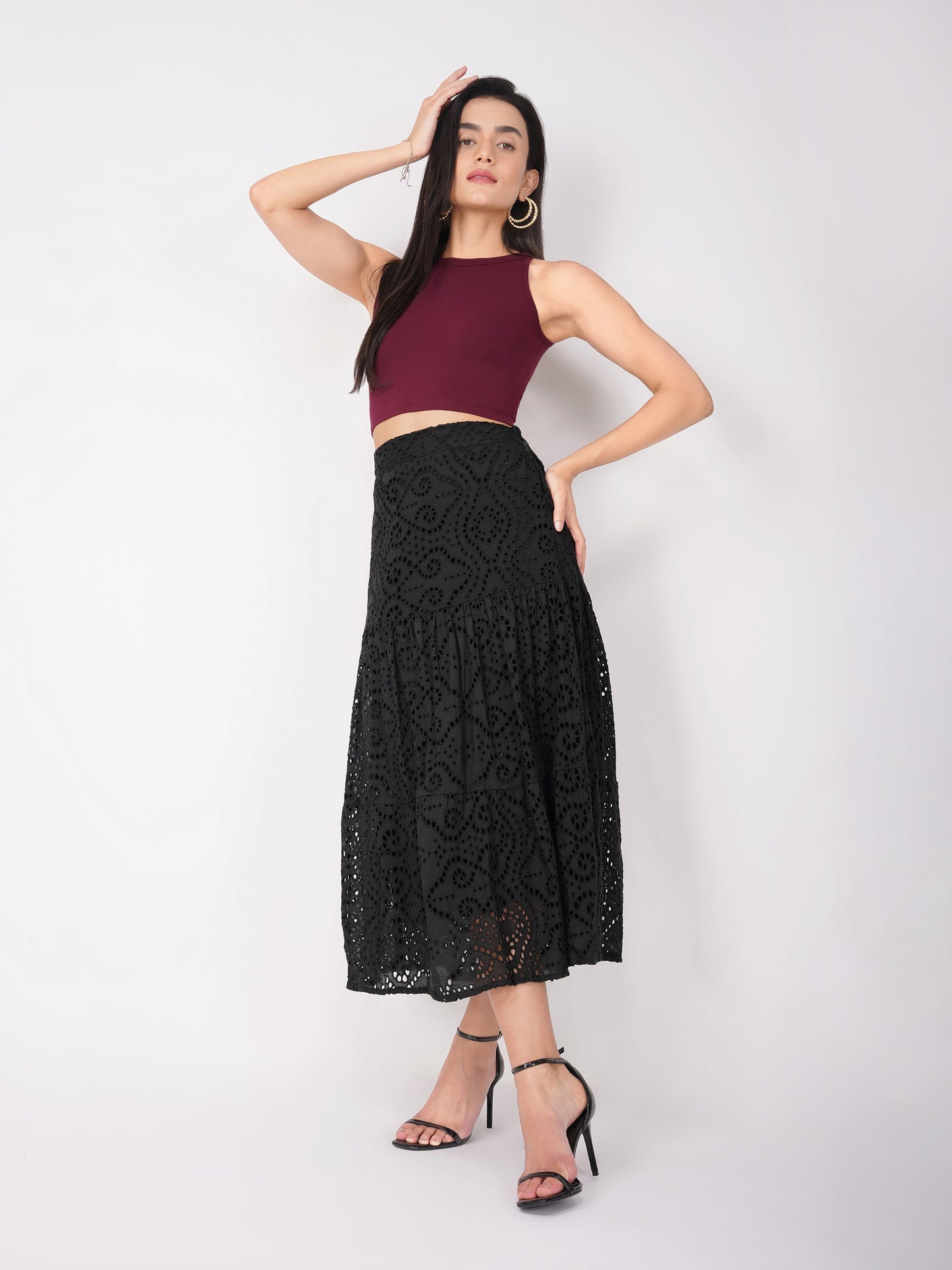 Dhiyona ST Women's Stretchy Knitted Halter Neck Wine Crop Top