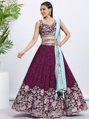 Women Burgundy Pure Chiffon Sequins and thread embroidery  Lehenga choli & Dupatta