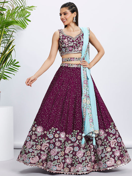 Women Burgundy Pure Chiffon Sequins and thread embroidery  Lehenga choli & Dupatta