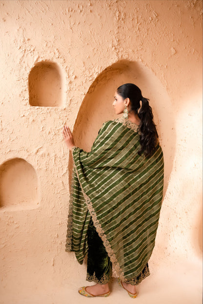 Saaz Silk Velvet Embroidered Mehndi Green  Suit Set